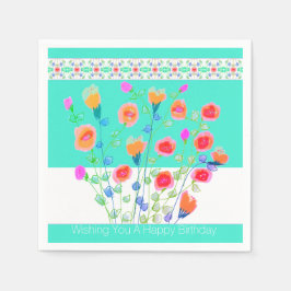 明るいターコイズとカラフルフローラ スタンダードカクテルナプキン