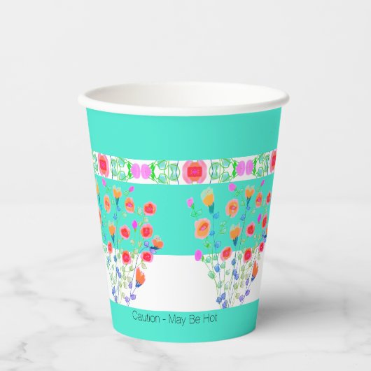 明るいターコイズとカラフルフローラ 紙コップ (正面)