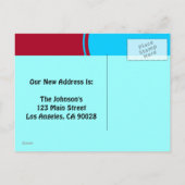 明るいターコイズモダンの赤い動く発表 案内ポストカード (裏面)