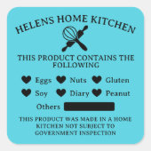 明るいターコイズ食品アレルギー警告ベーカリーシール スクエアシール (正面)