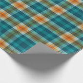 明るいタータンチェックの格子縞、ティール(緑がかった色)および金ゴールド ラッピングペーパー (角)