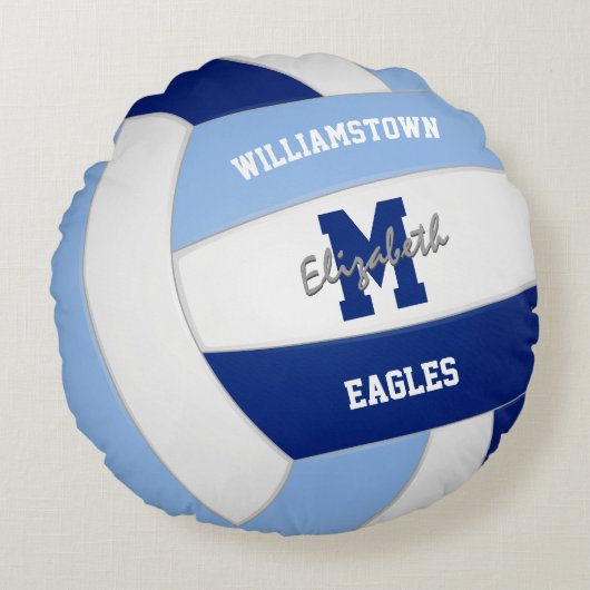 明るいダークブルーの白いチームカラーのキッズバレーボール ラウンドクッション (正面)