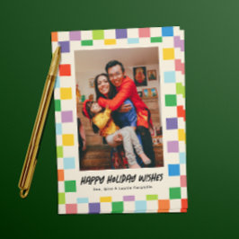 明るいチェッカラフルカーボードフォトホリデー シーズンカード