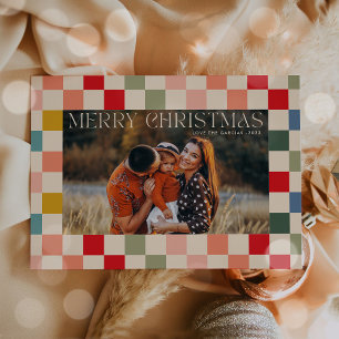 明るいチェック柄フレームのクリスマス写真 シーズンカード