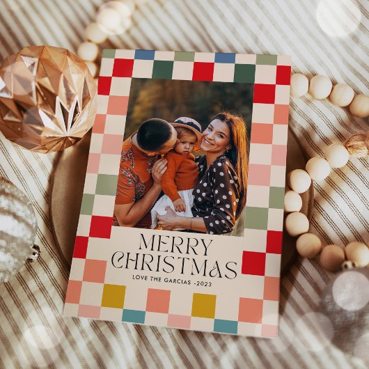 明るいチェック柄フレームのクリスマス写真 シーズンカード