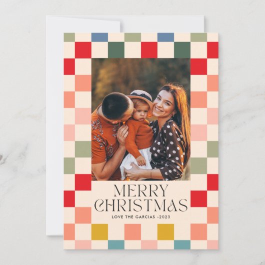 明るいチェック柄フレームのクリスマス写真 シーズンカード (正面)