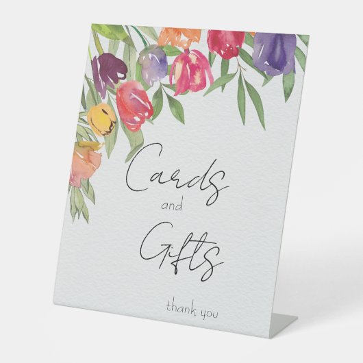 明るいチューリップブライダルシャワーカードとギフト 台座サイン (正面)