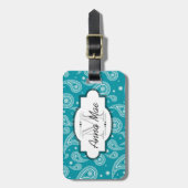 明るいティール(緑がかった色)および白いペイズリーの荷物のラベル ラゲッジタグ (正面縦)