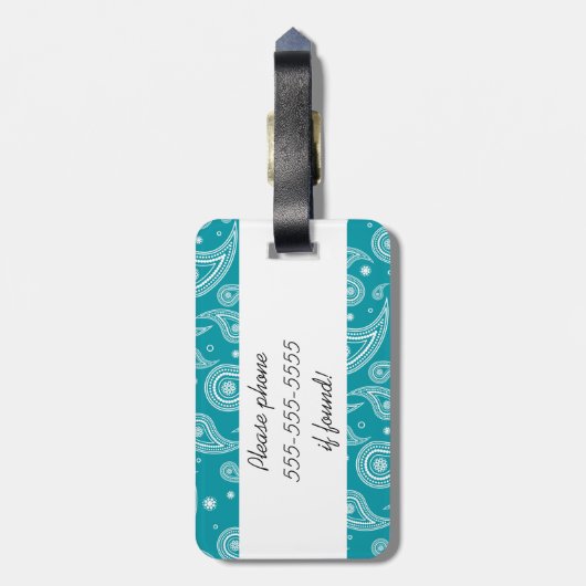 明るいティール(緑がかった色)および白いペイズリーの荷物のラベル ラゲッジタグ (裏面縦)