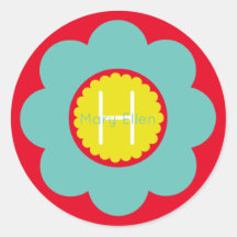 明るいティール（緑がかった色）と赤いモノグラムの黄色の花