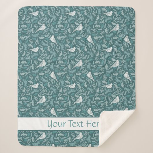 明るいティール（緑がかった色）グリーンウィンターホワイトバードフローラルパターン シェルパブランケット (正面)