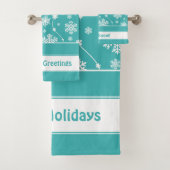 明るいティール(緑がかった色)ブルーウィンターホワイトスノーフレークパターン バスタオルセット (インサイチュ)