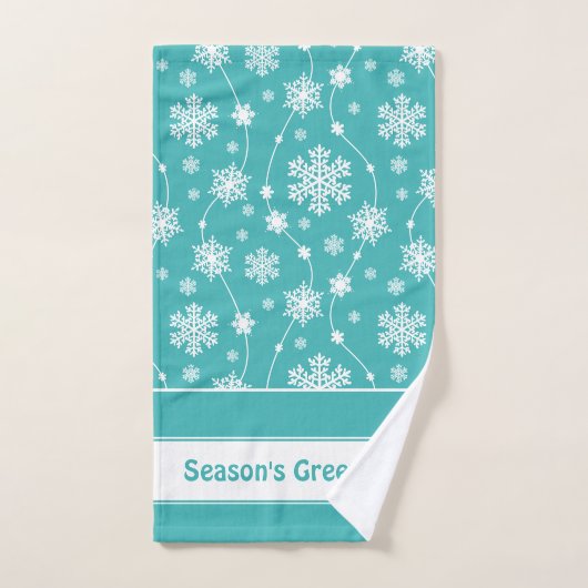 明るいティール(緑がかった色)ブルーウィンターホワイトスノーフレークパターン バスタオルセット (ハンドタオル)