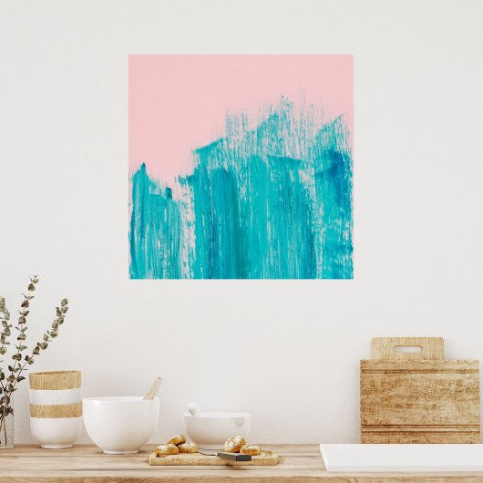 明るいティール(緑がかった色)色彩の鮮やかブラシストロークオンパステルピンク ポスター (キッチン)