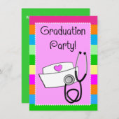 明るいナースの卒業の招待状は縞で飾ります 招待状 (正面/裏面)