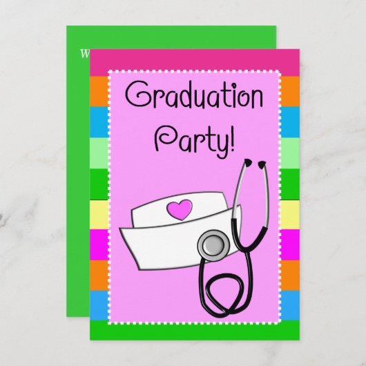 明るいナースの卒業の招待状は縞で飾ります 招待状 (正面/裏面)