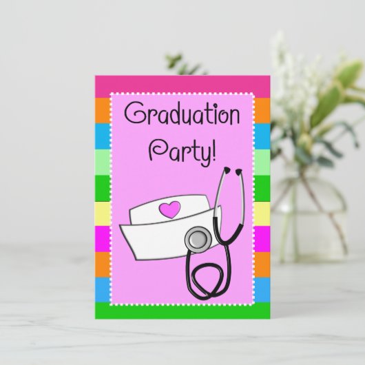 明るいナースの卒業の招待状は縞で飾ります 招待状 (スタンド正面)