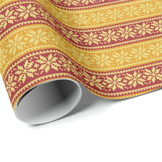 明るいニットのクリスマススノーフレークレッドイエロー ラッピングペーパー (ロールコーナー)