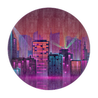 明るいネオンの夜の街並み、ヴィンテージ。 カッティングボード