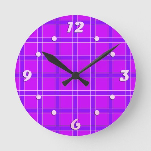 明るいネオンクリムゾン市松模様にパターン装飾用クッション ラウンド壁時計 (正面)