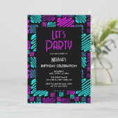 明るいネオンジオメトリックパターンブラックバースデーパーティー 招待状 (スタンド正面)