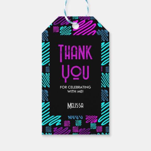 明るいネオンパープルブルージオメトリックサンキュー ギフトタグ (正面)