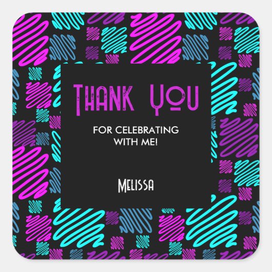 明るいネオンパープルブルージオメトリックサンキュー スクエアシール (正面)