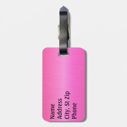 明るいネオンピンクのブラシの鋼鉄および銀のプリント ラゲッジタグ (裏面縦)