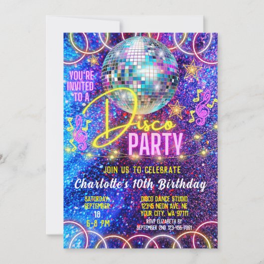 明るいネオンピンクグローガールズディスコダンスパーティー 招待状 (正面)