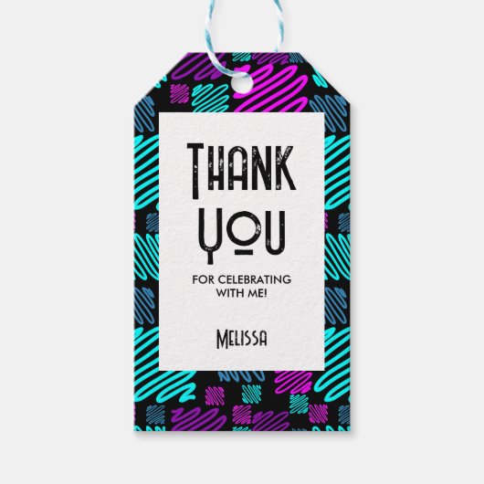 明るいネオン幾何学模様ブラックサンキュー ギフトタグ (正面)