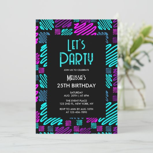 明るいネオン幾何学模様ブラック25誕生日 招待状 (スタンド正面)