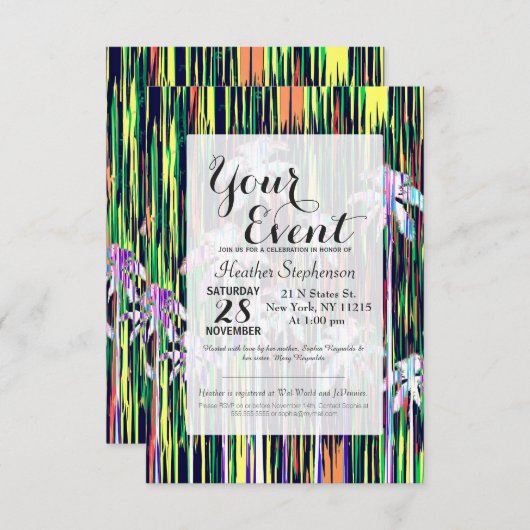 明るいネ数々のオン色のヤシの木とストライプ 招待状 (正面/裏面)