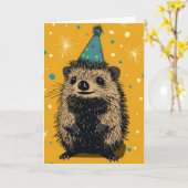 明るいハリネズミの誕生日パーティーの挨拶 カード (黄色い花)