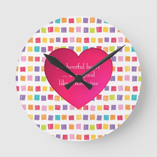 明るいハートカラフルパターン ラウンド壁時計 (正面)