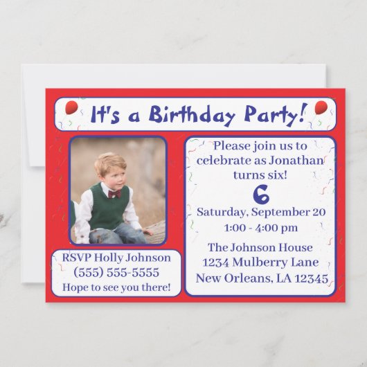 明るいバルーンと紙吹雪誕生日 招待状 (正面)