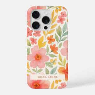明るいパターンピンクオレンジ水彩フラワー iPhone 15 PROケース