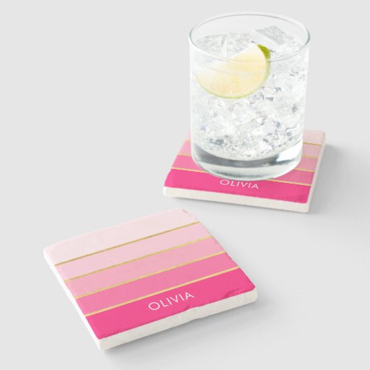 明るいパーソナライズされたピンクと金ゴールド名 ストーンコースター (横)