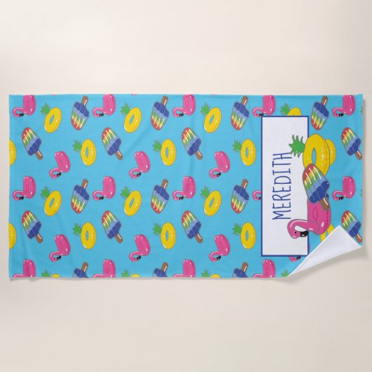 明るいパーソナライズされた青のプール浮きパターン(の模様が)ある出 ビーチタオル (正面)