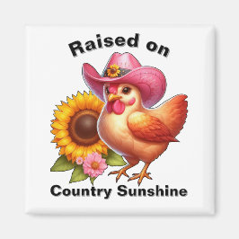 明るいヒマワリのピンクの帽子のかわいい鶏 マグネット