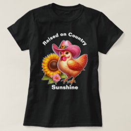 明るいヒマワリのピンクの帽子のかわいい鶏 Tシャツ