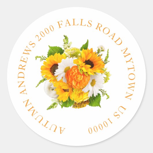 明るいヒマワリのフローラ名と住所 ラウンドシール (正面)