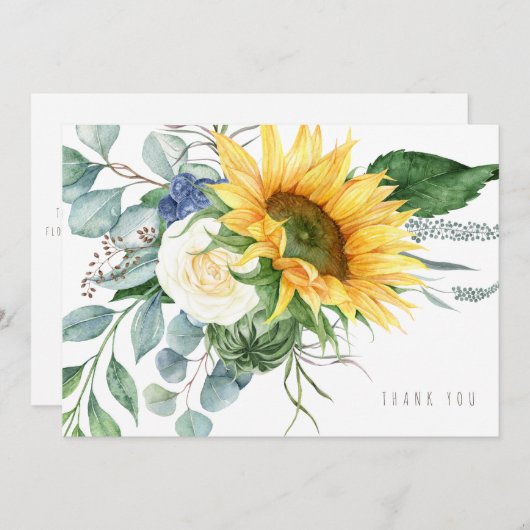 明るいヒマワリのユーカリ葬儀ありがとう サンキューカード (正面/裏面)