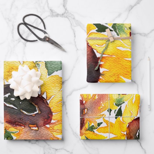 明るいヒマワリの水彩素晴らしい50 ラッピングペーパーシート (正面)