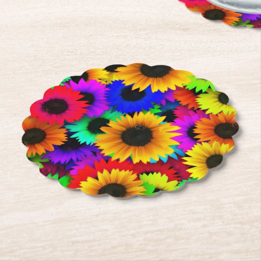 明るいヒマワリカラフルの列 ペーパーコースター (アングル)
