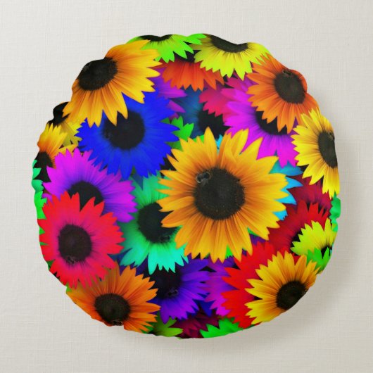 明るいヒマワリカラフルの列 ラウンドクッション (正面)