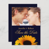 明るいヒマワリNavy Blue写真Save the Date 案内ポストカード (正面/裏面)