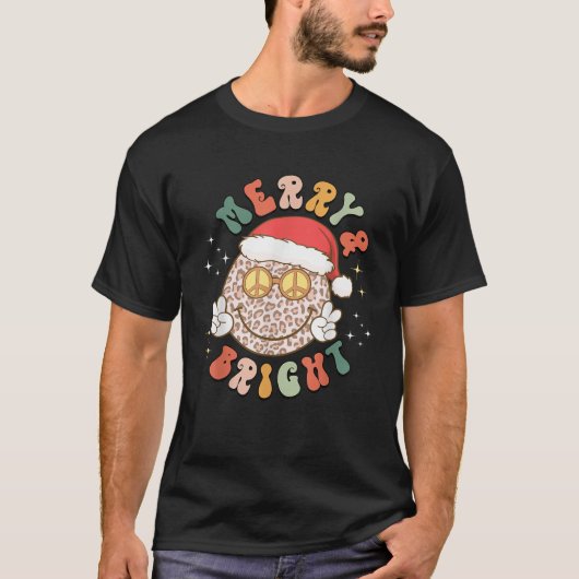 明るいヒョウ柄スマイルフェイスサンタ帽子 Tシャツ (正面)
