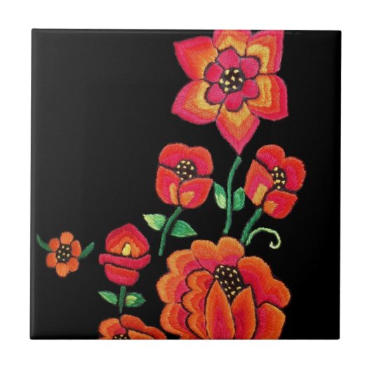 明るいピンクおよびオレンジ花 タイル (正面)