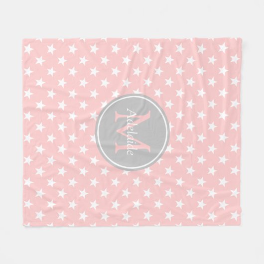 明るいピンクおよび灰灰色の星のモノグラム フリースブランケット (正面(横))