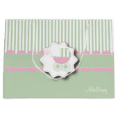 明るいピンクおよび緑の乳母車-女の赤ちゃんのシャワー ラージペーパーバッグ (正面)